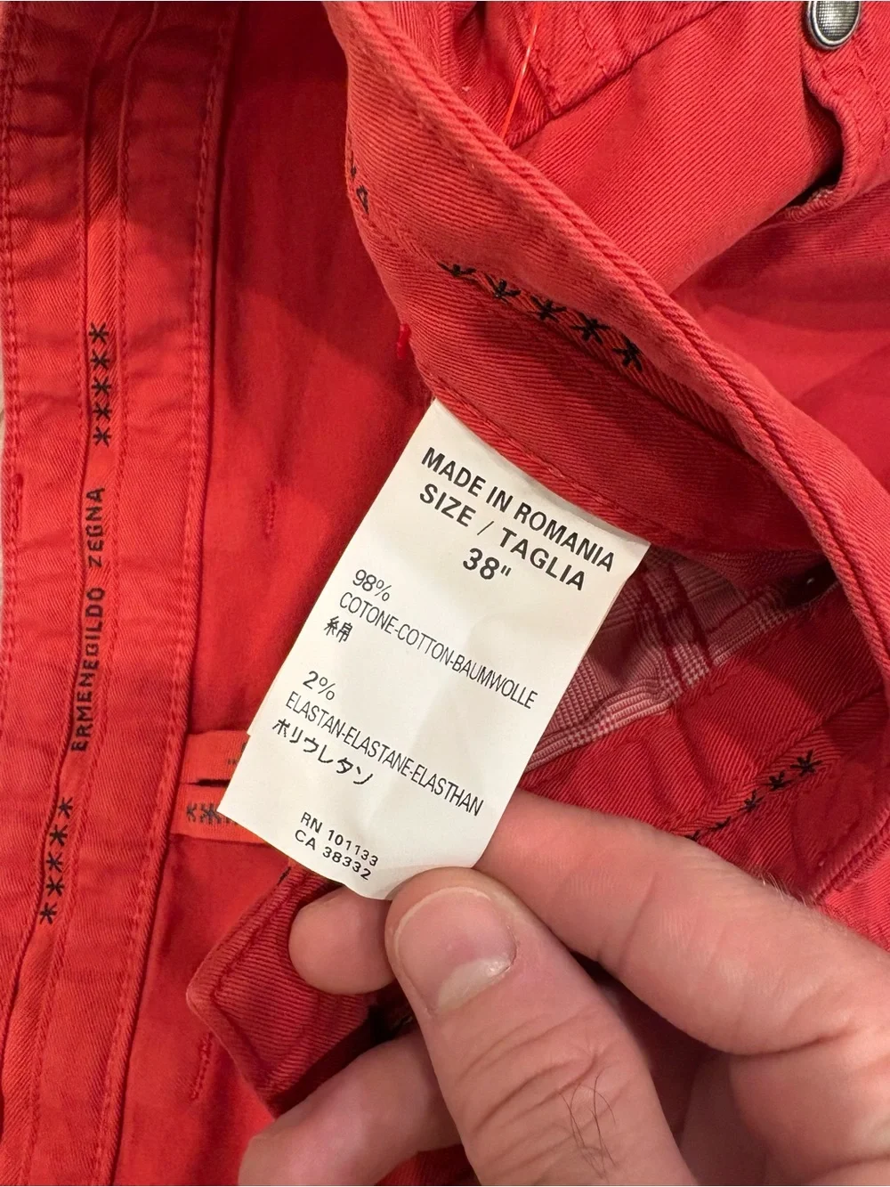 Ermenegildo Zegna Roccia Jeans Mens 38x29 Red Straight Stretch Pants